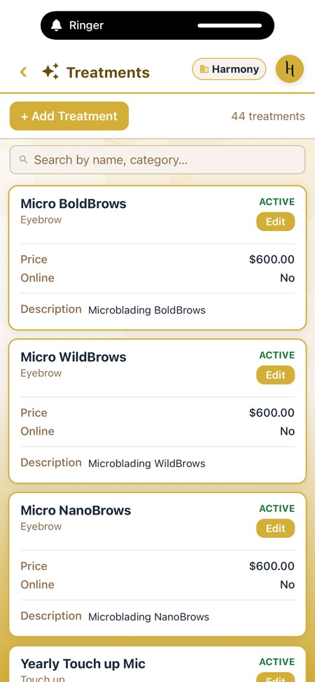 Aureon treatments list with prices and categories